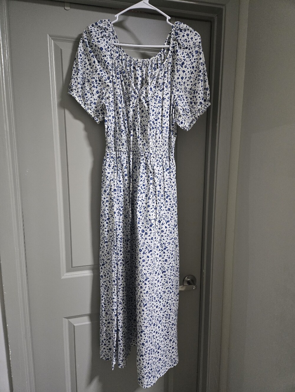 Uniqlo White Midi Dress with Blue Floral Print